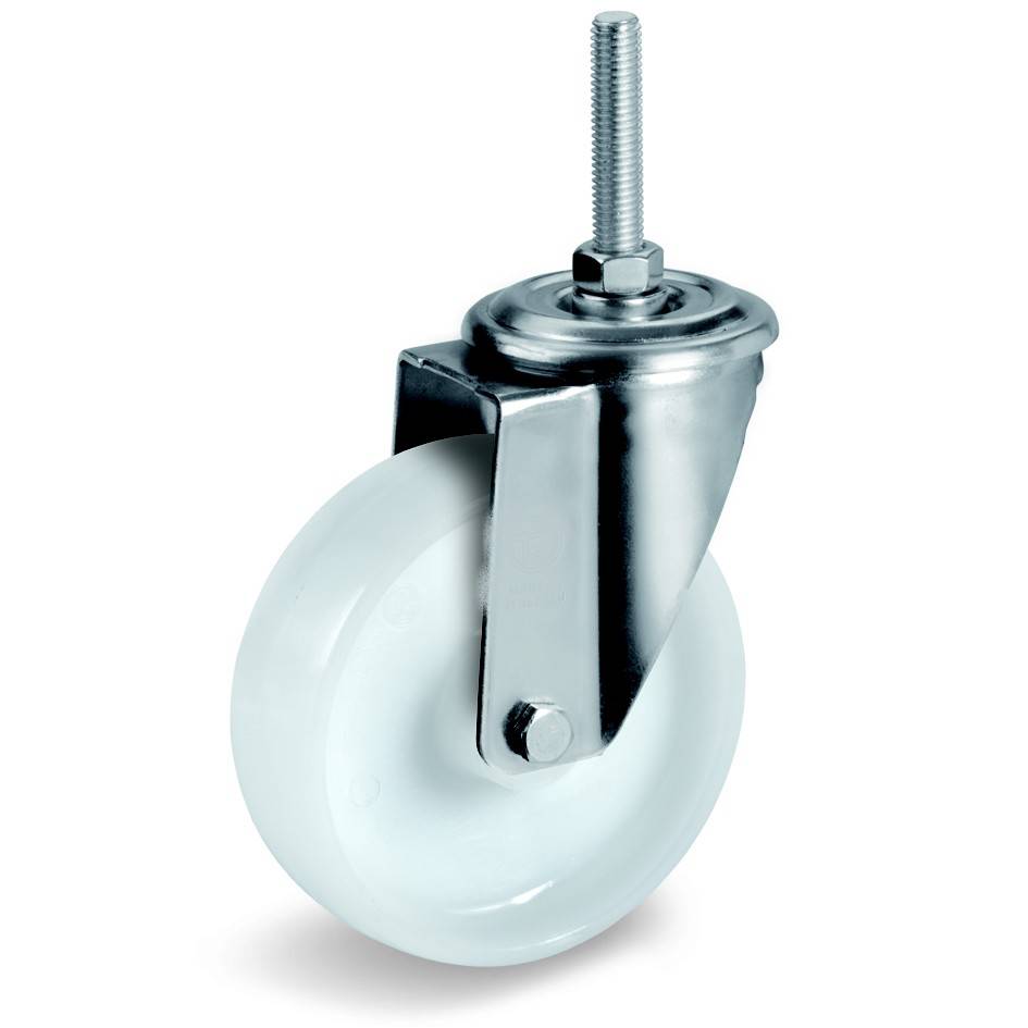 Roulette à oeil INOX pivotante à frein diamètre 100 mm roue polyamide blanc 150 Kg 